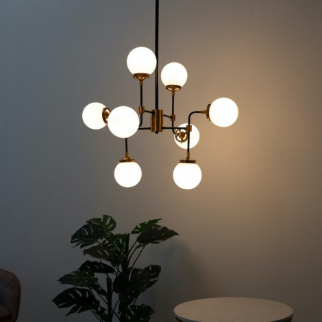 Lustre Industriel Doré à 8 Bras - Verre Blanc Laiteux Zenith|Lustre|Kosilum
