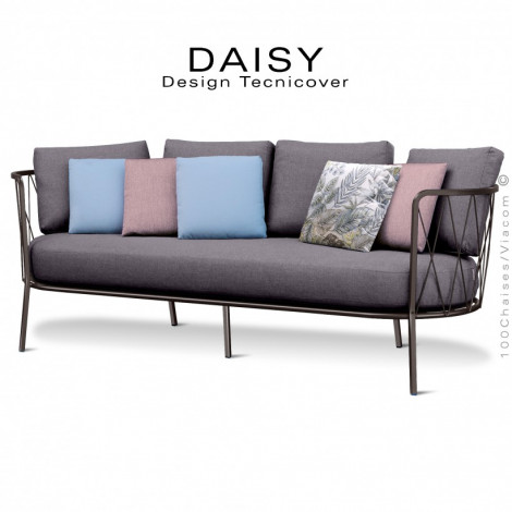 Salon de jardin, canapé lounge 3 places DAISY, structure acier peint, assise dossier confort avec quatre coussins tissu.|Banquettes / Bancs / Poufs|100chaises