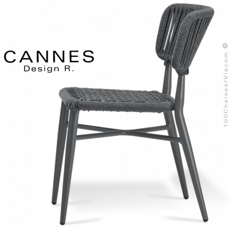 Chaise confort repas pour extérieur CANNES, structure aluminium peint, assise et dossier corde tressée marine.|Chaise|100chaises