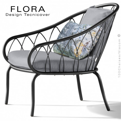 Fauteuil lounge design d'extérieur FLORA, structure acier peint, assise et dossier confort avec coussins habillage tissu.|Fauteuil / Chauffeuse|100chaises