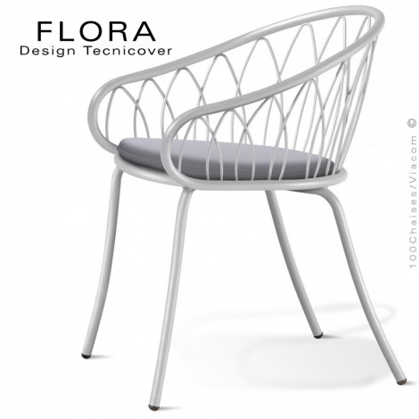Fauteuil design chic d'extérieur FLORA, structure acier peint, assise confort avec coussin habillage tissu - Lot de 2 pièces.|Fauteuil / Chauffeuse|100chaises