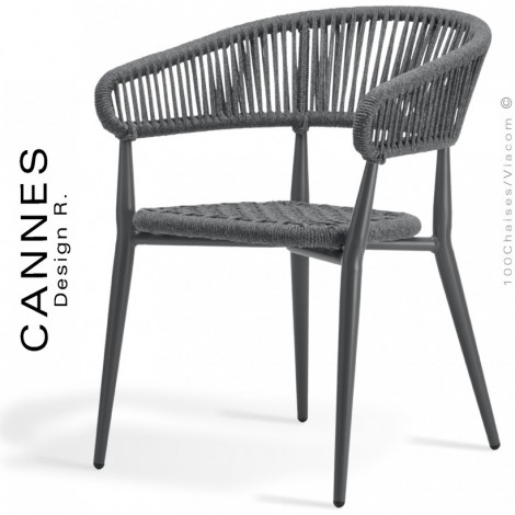 Fauteuil confort repas pour extérieur CANNES, structure aluminium peint, assise et dossier corde tressée marine.|Fauteuil / Chauffeuse|100chaises