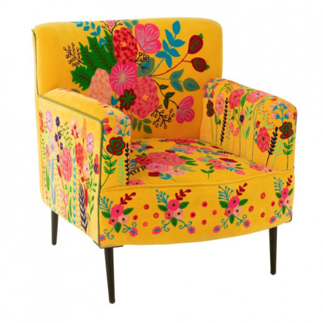 Fauteuil en Velours Brodé "Fleurs" 84cm Jaune|Fauteuil / Chauffeuse|Paris Prix