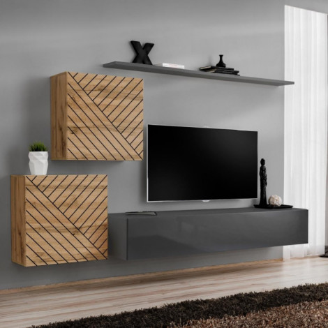 Ensemble Meuble TV "Switch Lamel V" 250cm Gris & Naturel|Meuble TV|Paris Prix