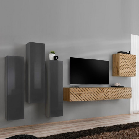 Ensemble Meuble TV "Switch Lamel III" 330cm Naturel & Gris|Meuble TV|Paris Prix