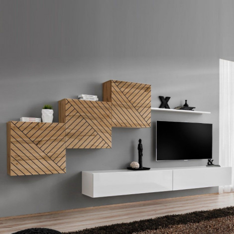 Ensemble Meuble TV "Switch Lamel X" 330cm Blanc & Naturel|Meuble TV|Paris Prix