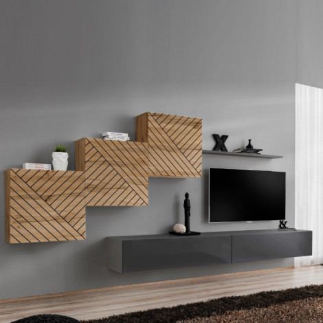 Ensemble Meuble TV "Switch Lamel X" 330cm Gris & Naturel|Meuble TV|Paris Prix
