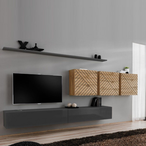 Ensemble Meuble TV "Switch Lamel VII" 340cm Gris & Naturel|Meuble TV|Paris Prix