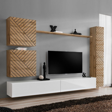 Ensemble Meuble TV "Switch Lamel VIII" 280cm Blanc & Naturel|Meuble TV|Paris Prix