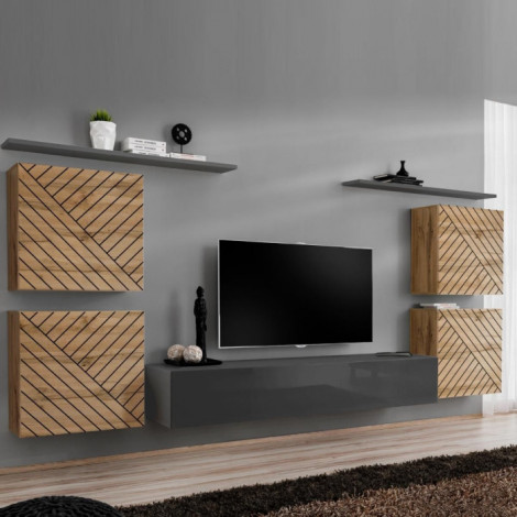 Ensemble Meuble TV "Switch Lamel IV" 320cm Gris & Naturel|Meuble TV|Paris Prix