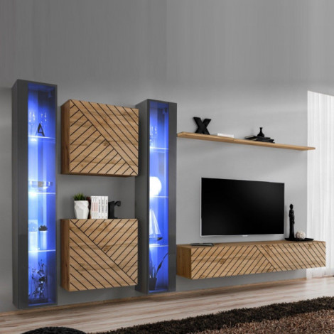 Ensemble Meuble TV "Switch Lamel XVI" 330cm Naturel & Gris|Meuble TV|Paris Prix