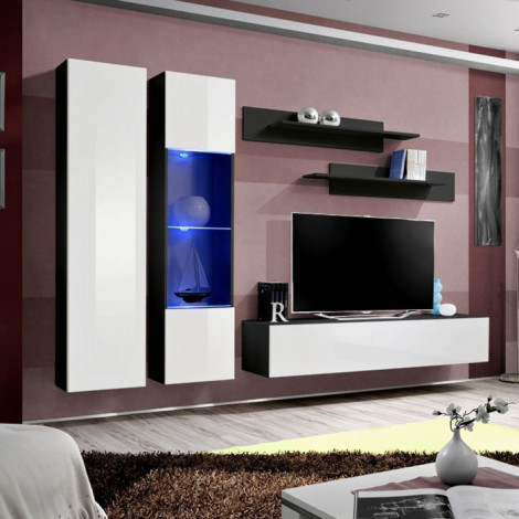 Meuble TV Mural Design "Fly V" 260cm Blanc & Noir|Meuble TV|Paris Prix