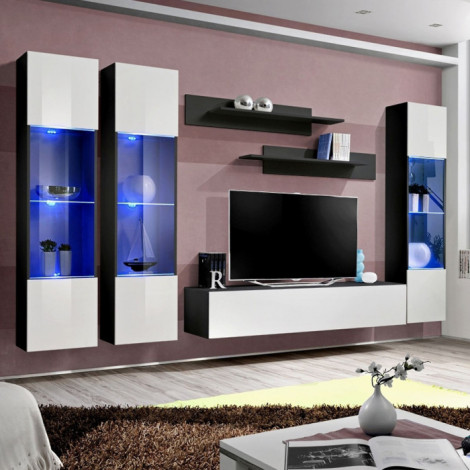 Meuble TV Mural Design "Fly III" 310cm Blanc & Noir|Meuble TV|Paris Prix
