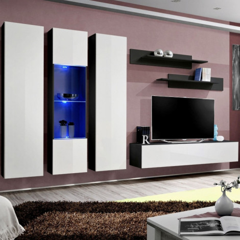 Meuble TV Mural Design "Fly V" 310cm Blanc & Noir|Meuble TV|Paris Prix