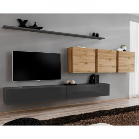Meuble TV Mural Design "Switch VII" 340cm Gris & Naturel|Meuble TV|Paris Prix