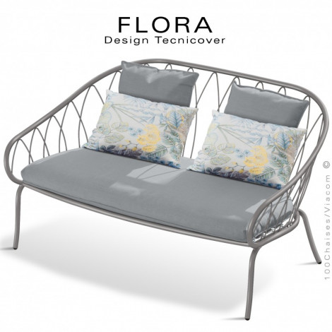 Banquette lounge design d'extérieur FLORA, structure acier peint, assise et dossier confort avec coussins habillage tissu.|Banquettes / Bancs / Poufs|100chaises