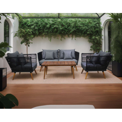TIAGO - salon bas de jardin 4 places + table - corde et bois - noir et coussins gris|Salon de jardin|BestMobilier