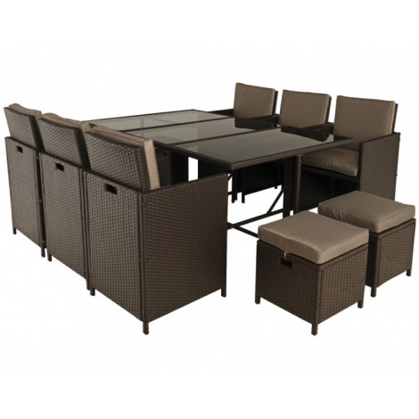 Tao - salon de jardin encastrable 10 places - résine tressée marron - coussins taupe - plateau en verre + housse de protection|Salon de jardin|BestMobilier
