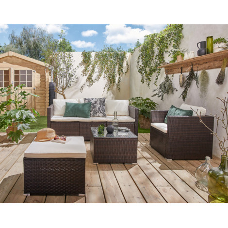 Wanaka - salon bas de jardin 5 places - résine tressée et coussins beiges|Salon de jardin|BestMobilier