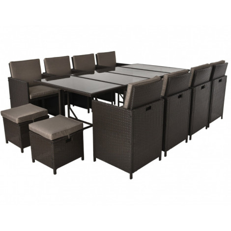 Tao - salon de jardin encastrable 12 places - résine tressée marron - coussins taupe - plateau en verre + housse de protection|Salon de jardin|BestMobilier