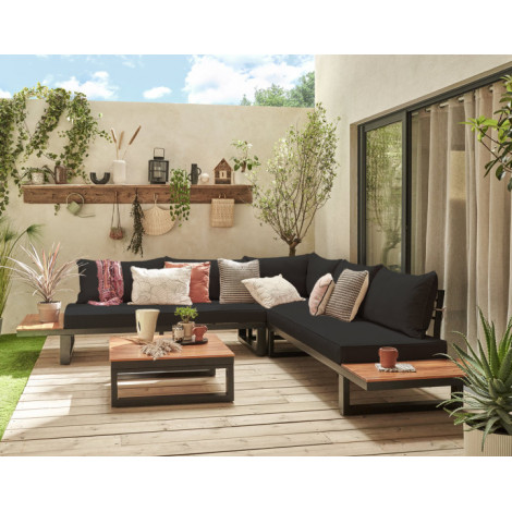Salome - salon bas de jardin 5 places + table - modulable - bois, métal et coussins noirs|Salon de jardin|BestMobilier