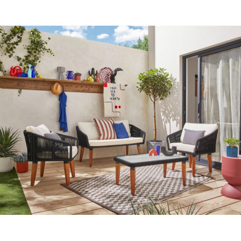 Tanami - salon bas de jardin 4 places - bois, corde et coussins beiges|Salon de jardin|BestMobilier