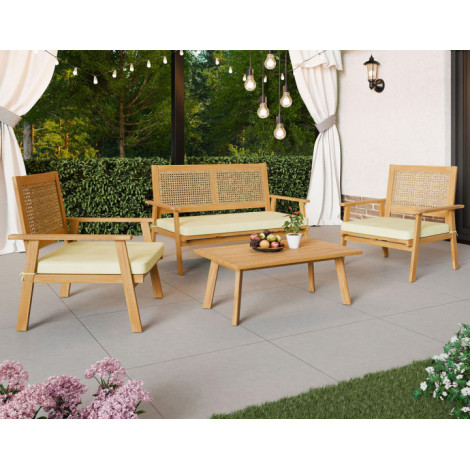 Siboney - salon bas de jardin 4 places - bois, cannage et coussins beiges|Salon de jardin|BestMobilier