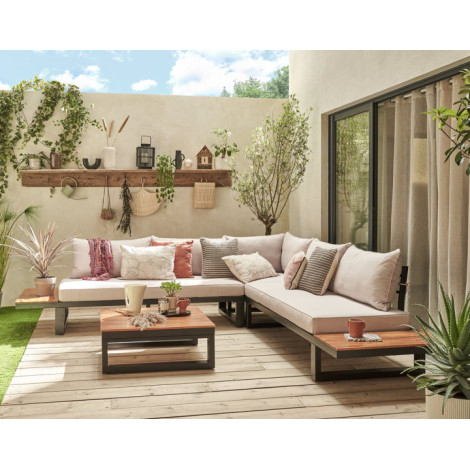 Salome - salon bas de jardin 5 places + table - modulable - bois, métal et coussins beiges|Salon de jardin|BestMobilier