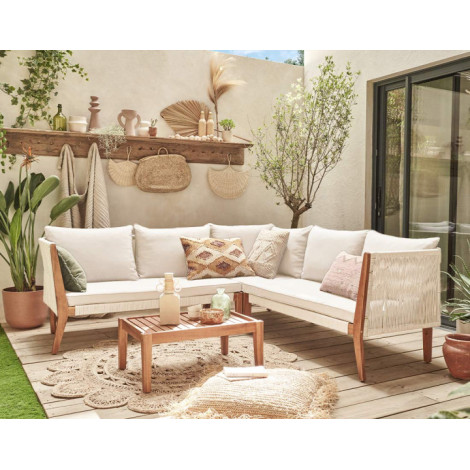 Papua - salon bas de jardin 5 places - bois, corde et coussins beiges|Salon de jardin|BestMobilier
