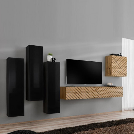 Ensemble Meuble TV "Switch Lamel III" 330cm Naturel & Noir|Meuble TV|Paris Prix