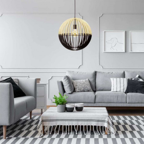 Suspension boule en bois de peuplier naturel et noir|Suspensions|Lampe Avenue