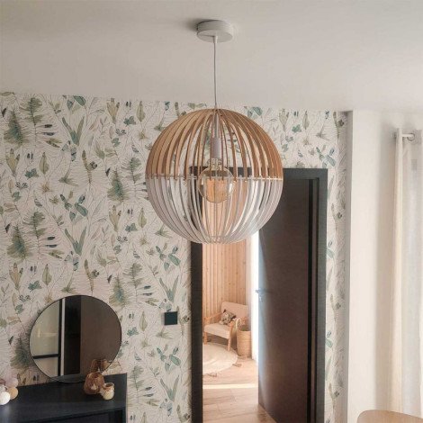 Suspension boule en bois de peuplier naturel et blanche|Suspensions|Lampe Avenue