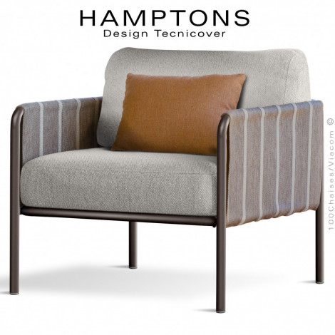 Fauteuil lounge d'extérieur HAMPTONS, structure acier galvanisé peint, assise confort deux coussins, accoudoirs habillage tissu.|Fauteuil / Chauffeuse|100chaises