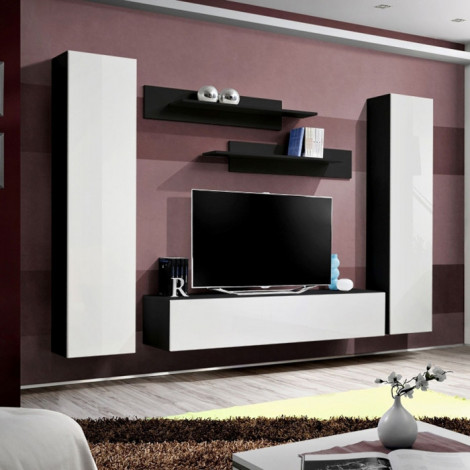Meuble TV Mural Design "Fly I" 260cm Blanc & Noir|Meuble TV|Paris Prix