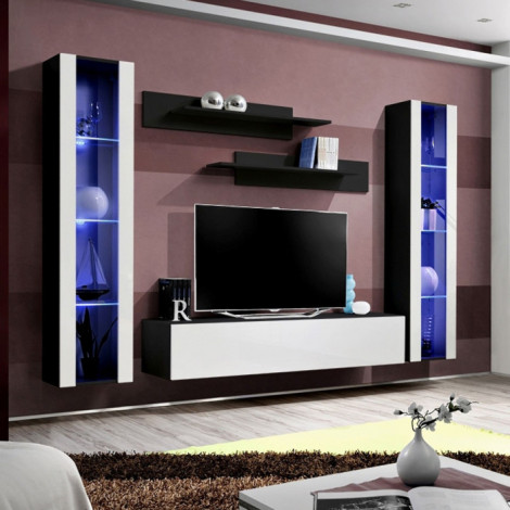 Meuble TV Mural Design "Fly II" 260cm Blanc & Noir|Meuble TV|Paris Prix