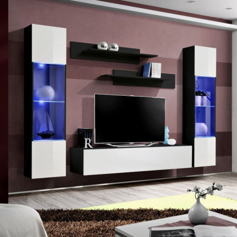 Meuble TV Mural Design "Fly III" 260cm Blanc & Noir|Meuble TV|Paris Prix