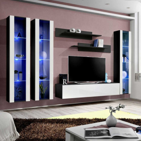 Meuble TV Mural Design "Fly II" 310cm Blanc & Noir|Meuble TV|Paris Prix