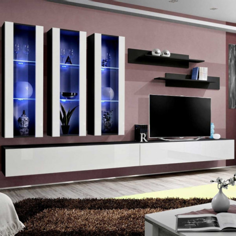 Meuble TV Mural Design "Fly III" 320cm Blanc & Noir|Meuble TV|Paris Prix