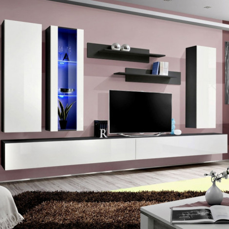 Meuble TV Mural Design "Fly IV" 320cm Blanc & Noir|Meuble TV|Paris Prix