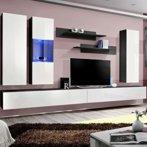 Meuble TV Mural Design "Fly V" 320cm Blanc & Noir|Meuble TV|Paris Prix
