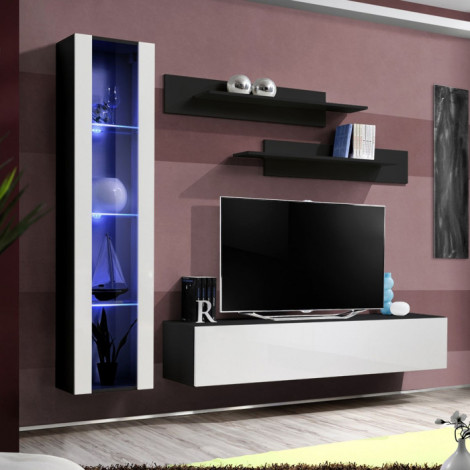 Meuble TV Mural Design "Fly II" 210cm Blanc & Noir|Meuble TV|Paris Prix