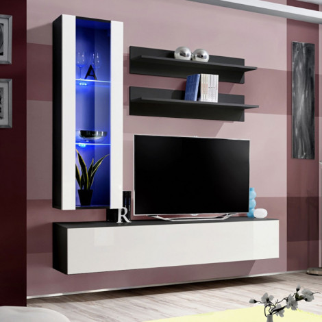 Meuble TV Mural Design "Fly II" 170cm Blanc & Noir|Meuble TV|Paris Prix