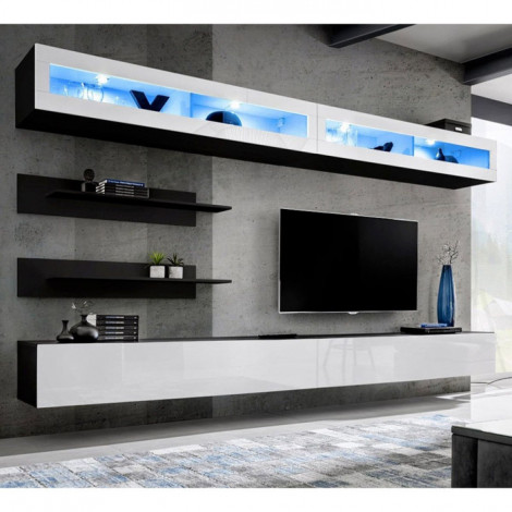 Meuble TV Mural Design "Fly VII" 320cm Blanc & Noir|Meuble TV|Paris Prix