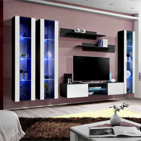 Meuble TV Mural Design "Fly XLIII" 310cm Blanc & Noir|Meuble TV|Paris Prix