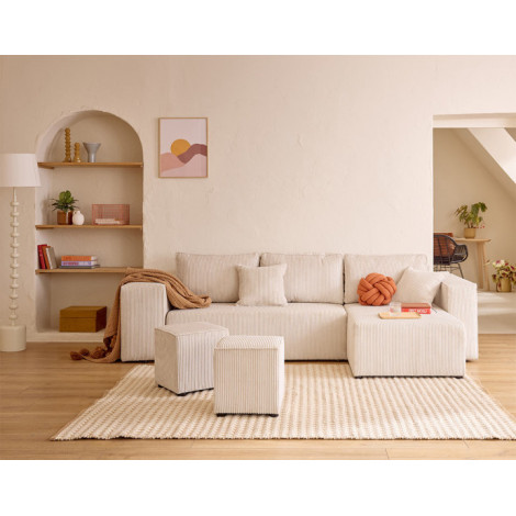 Topaze - canapé d'angle réversible 4 places - convertible avec coffre, tablette et poufs - en velours côtelé|Canape|BestMobilier