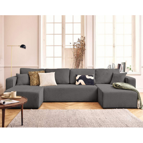 Topaze - canapé panoramique en U 7 places convertible avec coffre en velours texturé|Canape|BestMobilier