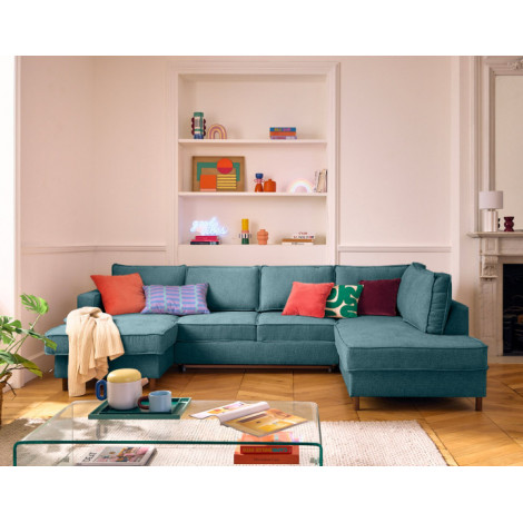 Jake - canapé panoramique d'angle droit 7 places convertible avec coffre en tissu velours relief|Canape|BestMobilier