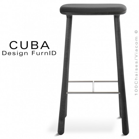 Tabouret bois design CUBA-77, structure 4 pieds en chêne massif, huilé ou teinté noir, assise tissu couleur - Lot de 2 pièces.|Tabouret|100chaises