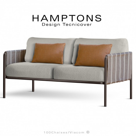 Canapé lounge d'extérieur HAMPTONS, deux places, acier galvanisé peint, assise quatre coussins, accoudoirs habillage tissu.|Banquettes / Bancs / Poufs|100chaises