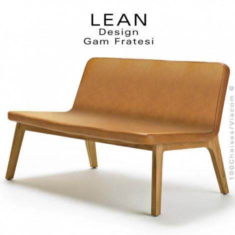 Banquette design LEAN, pour salon lounge ou la maison, piétement chêne massif huilé ou teinté noir, assise cuir avec 2 coussins.|Banquettes / Bancs / Poufs|100chaises